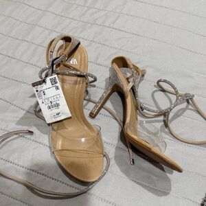 Zara Nude Crystal Lace-Up Stiletto Sandals